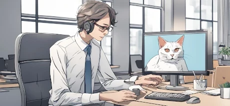 AIを使う経営者と寄り添う猫のイメージ