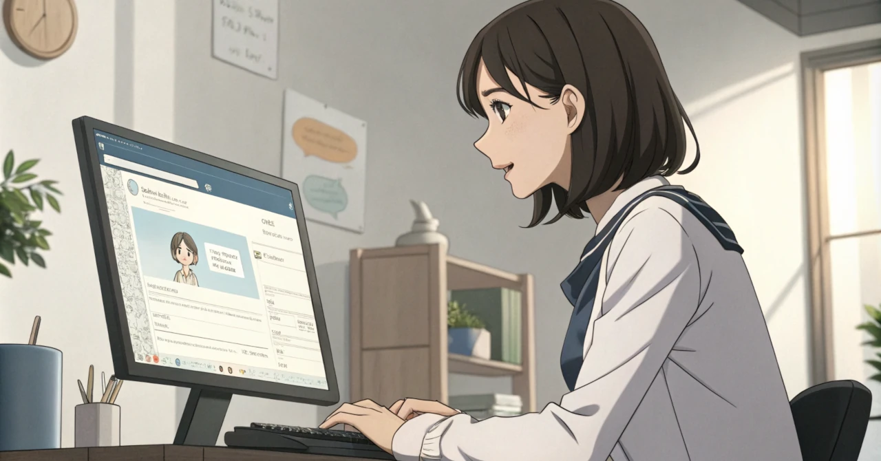 パソコンでAIチャットBOTを作っている女性のイメージ