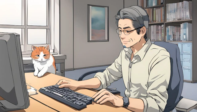 AIで画像生成する40代の男性とと寄り添う猫のイメージ
