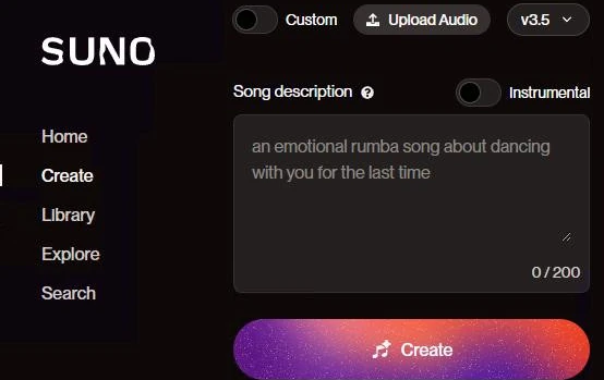 sunoの曲生成画面