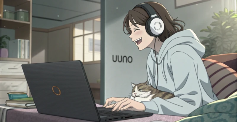 パソコンからsunoでAI曲生成をしている女性のイメージ