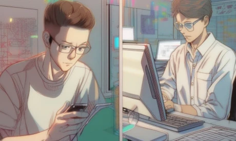 スマホに没頭する若い世代と仕事でパソコンを使う中高年世代